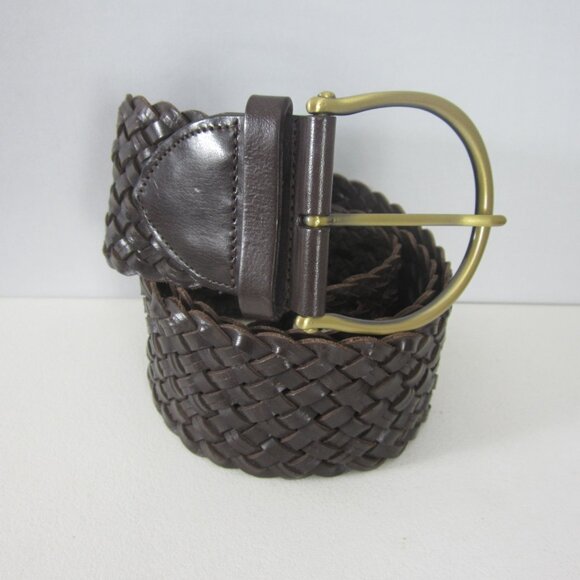 New Cole Haan Womens Medium Brown Leather Woven Belt Brass Buckle 34\
